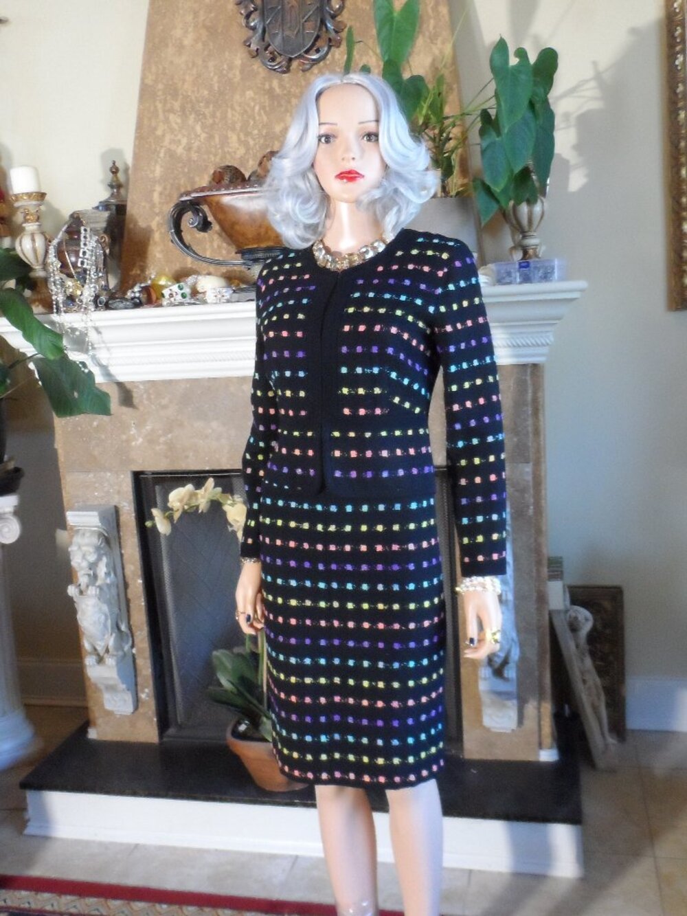 New Diane von Furstenberg Black Multicolor Knit Sheath Dress & Jacket Set Size 4